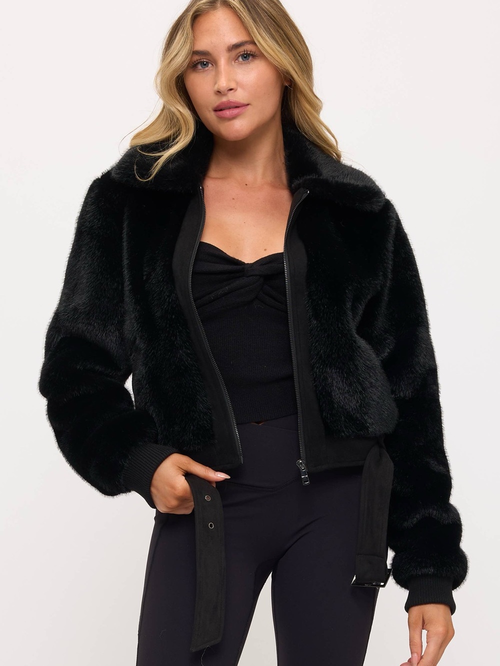 NWT Black Faux Fur Bomber Jacket with Belt